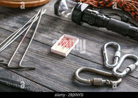 Set of items for camping on wooden background Stock Photo