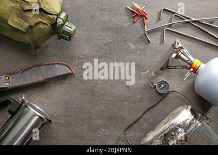 Set of items for camping on grunge background Stock Photo
