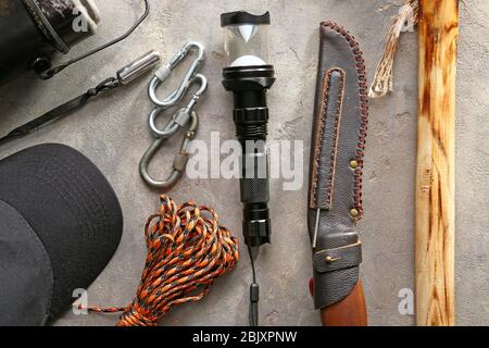 Set of items for camping on grunge background Stock Photo