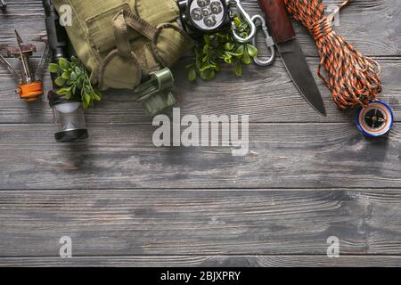 Set of items for camping on wooden background Stock Photo