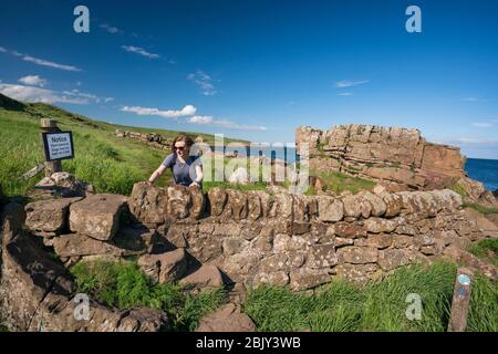 Female person crosses over the rocky border that separates a sheep farm along the hiking trail beside the North Sea on the Fife Coast, Scotland Stock Photo