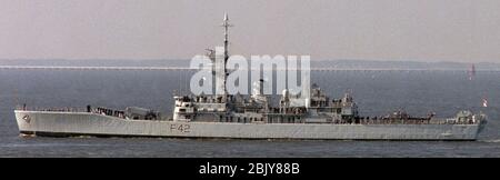 HMS Phoebe F42 off NorfolkVA 1990 (cropped). Stock Photo