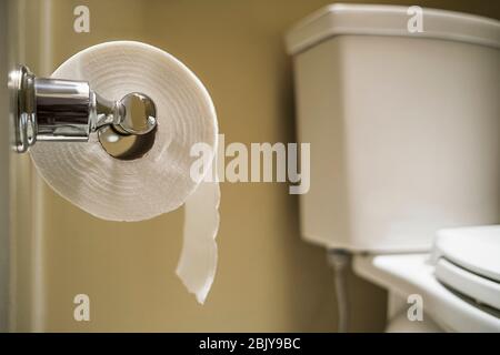 Close up of toilet paper on toilet roll holder Stock Photo