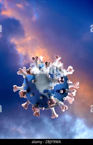 Model of globe in shape of Coronavirus floating against clouds Stock Photo