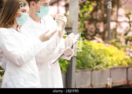 Young agricultural engineers working in greenhouse Stock Photo