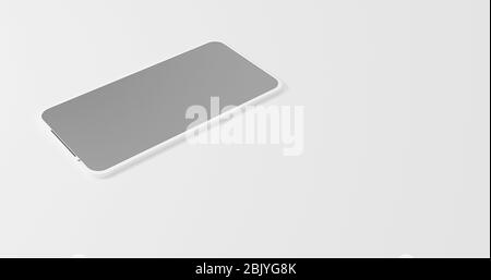 3D rendering of illustration hand holding the white smartphone with full screen on isolate background. Creative Modern mock up frame less design objec Stock Photo