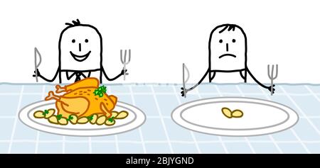 hand drawn Cartoon healthy man with a big chicken in his plate next to a poor one with only two potatoes Stock Vector