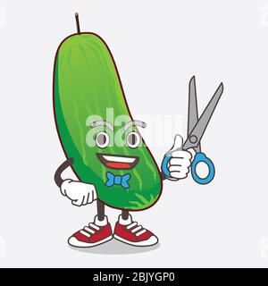 An illustration of Cucumber cartoon mascot character as smiling barber with scissors on hand Stock Photo