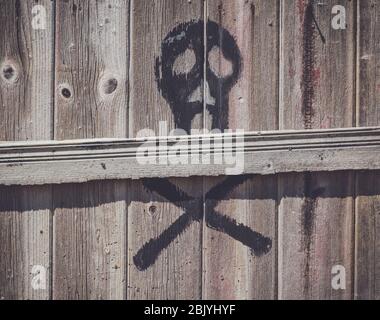 Rustic wood boards from old barn with black skull spray painted Stock Photo