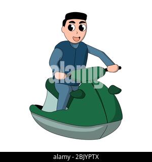 happy cartoon man wearing a wetsuit and a water vest on a jet ski. white background isolated stock vector illustration Stock Vector