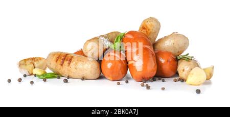 Tasty grilled sausages on white background Stock Photo