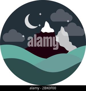 landscape nature mountains peak snow moon stars vector illustration flat style icon Stock Vector