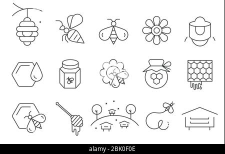 Flat vector icons with a thin line. Set for mobile applications. Honey and beekeeping Stock Vector