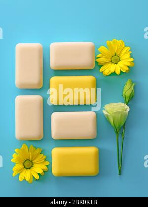 Soap bars with flowers on color background Stock Photo