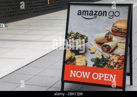 Seattle, United States. 30th Apr, 2020. Sign at the exterior of an Amazon Go store in Seattle. The ecommerce retailer announced its Q1 2020 financials. The company reported earnings of $5.01 per share, below analyst expectations. Credit: SOPA Images Limited/Alamy Live News Stock Photo