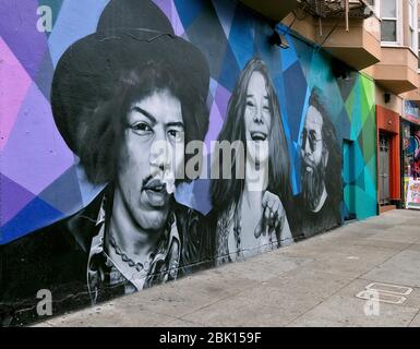 Mural with the late musicians Jimi Hendrix, Janis Joplin and Jerry Garcia in the Haight-Ashbury district of San Francisco, California, USA Stock Photo