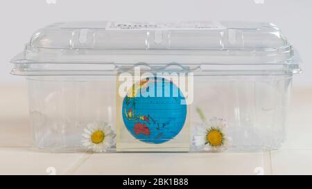 A planet earth and two daisies enclosed in a plastic container symbolize the serious environmental problems that threaten our planet Stock Photo