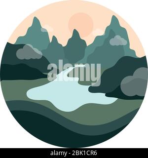 landscape nature rive mountains valley scene vector illustration flat style icon Stock Vector