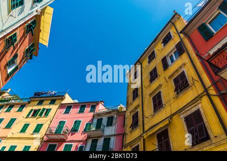 Colorful ancient Italian architecture houses in Manarola village, Cinque Terre. Stock Photo