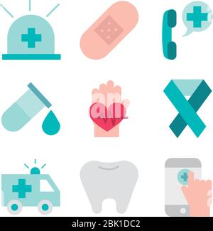 medical health care equipment assistance support icons set vector illustration line and fill style Stock Vector