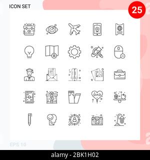 Set of 25 Modern UI Icons Symbols Signs for light, ticket, travel, passboart, location Editable Vector Design Elements Stock Vector