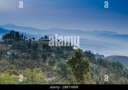 perfect view point , is have tree , village, stream , fresh air for people ,beautiful forest and blue sky Stock Photo