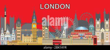 Colorful London skyline travel illustration. Worldwide traveling concept. Design with London city landmarks, english tourism and journey vector backgr Stock Vector