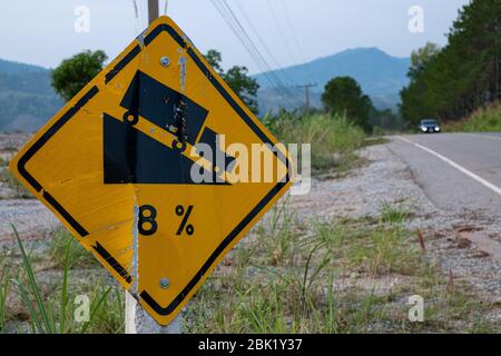 Traffic signs warning steep road sign to slope a steep 8 percent downhill gradient in the road ahead at green grass in the background Stock Photo