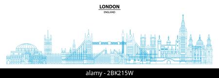 Panoramic London travel design with architectural landmarks in line art style. Monochrome flat illustration, English tourism and journey vector backgr Stock Vector