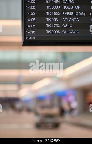Istanbul / Turkey - September 14, 2019: Flight information display board at the new Istanbul Airport, Istanbul Havalimani in Turkey Stock Photo