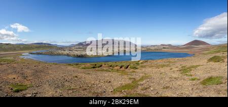 Panoramic view of the incredible Lake Selvallavatn with lava field (close to Sheep's Waterfall), Snæfellsnes Peninsula, Iceland. Stock Photo