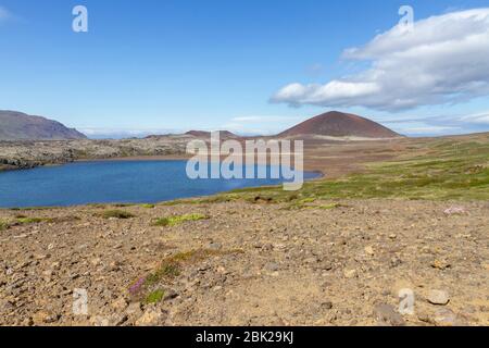 The incredible Lake Selvallavatn with lava field (close to Sheep's Waterfall), Snæfellsnes Peninsula, Iceland. Stock Photo