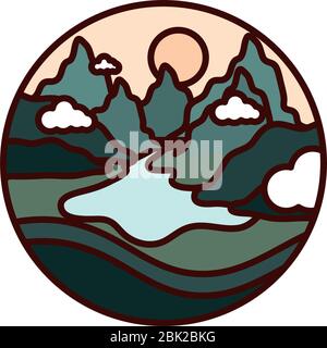 landscape nature rive mountains valley scene vector illustration line and fill icon Stock Vector