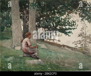 Winslow Homer - Girl Seated on Hillside Overlooking the Water. Stock Photo