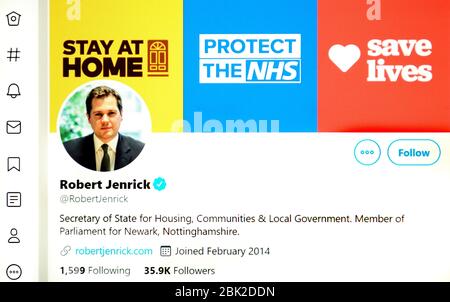 Twitter page (May 2020) : Robert Jenrick, Secretary of State for Housing, Communities and Local Government Stock Photo