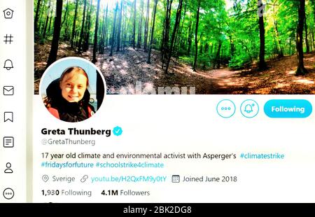 Twitter page (May 2020) : Greta Thunberg - 17 yr old climate and environmental activist Stock Photo