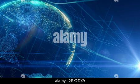 Digital Globe Cyber network with lens flare effect.Abstract World Map Business Background.Modern digital  global connectivity Stock Photo