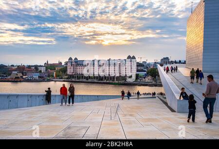 Oslo, Ostlandet / Norway - 2019/08/31: Panoramic view of Bjorvika district at Oslofjord sea waterfront seen from Oslo Opera House - Operahuset - at La Stock Photo