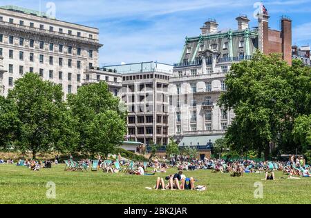 A multitude of sunbathers at Green Park, London, England, UK. Stock Photo