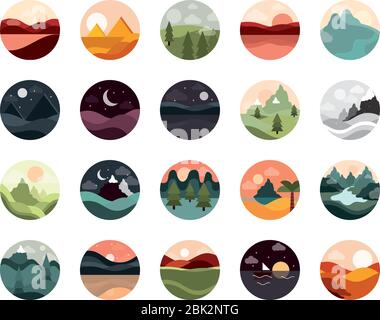 landscape nature mountains ocean and forest in circle icons set vector illustration flat style icon Stock Vector
