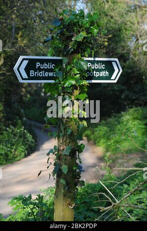 Public Footpath and Public Bridleway sign on a Cornish lane. Footpaths are for walkers only - Bridleways can also be used by horse riders and cyclists Stock Photo