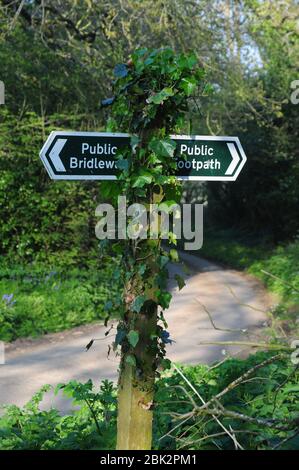 Public Footpath and Public Bridleway sign on a Cornish lane. Footpaths are for walkers only - Bridleways can also be used by horse riders and cyclists Stock Photo