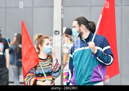 Vienna, Austria1st May 2020. Various leftist groups have called for a demonstration against the restrictions on availability. The demonstrators want to go to Vienna City Hall in compliance with the prescribed distance rules and mask. Credit: Franz Perc / Alamy Live News Stock Photo