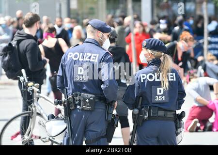 Vienna, Austria1st May 2020. Various leftist groups have called for a demonstration against the restrictions on availability. The demonstrators want to go to Vienna City Hall in compliance with the prescribed distance rules and mask. Credit: Franz Perc / Alamy Live News Stock Photo