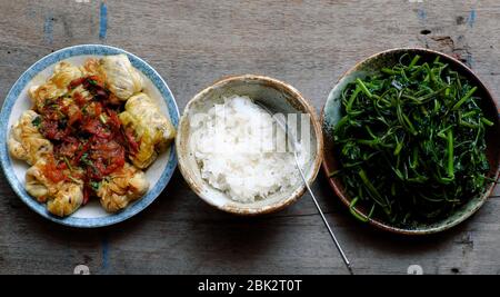Simple Vietnamese vegan meal for lunch, boiled water spinach, stuffed cabbage with tomato sauce, bowl of rice, healthy food that rich fiber Stock Photo