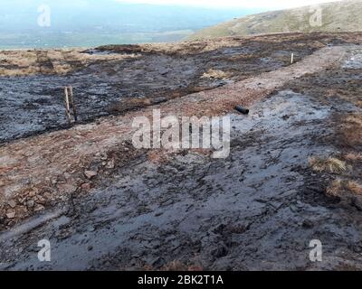 Peatland restoration work taking place on Pendle Hill in the Ribble Valley, Lancashire, UK. Stock Photo