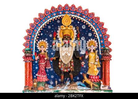 Three Goddess of Hindu mythology (Left to Right) Laxmi goddess, Kaali Maa and Maa Saraswati carved off stone in India Temple for idol worship of deity Stock Photo