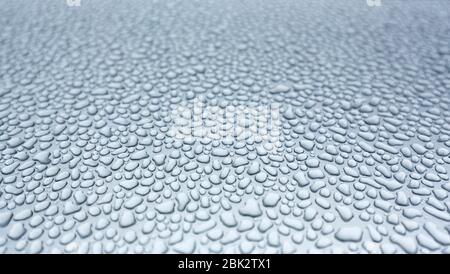 Water drops on silvery metal surface Stock Photo