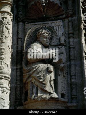 Pope Gregory I (c. 540-604). Known as St. Gregory the Great, he was Pope from 590 to 604. Statue by Flemish sculptor Cornelius de Holanda (16th century), active in Galicia. Main facade of the Basilica of Santa Maria la Mayor. Pontevedra, Galicia, Spain. Stock Photo