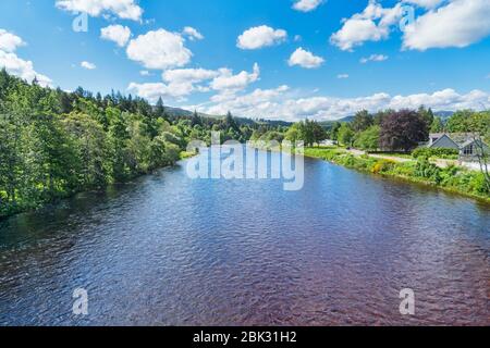 Looking up River Dee from Victoria Bridge, Ballater, Aberdeenshire,  Highland Region, Scotland UK Stock Photo